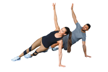 Backs of young sporty girl and guy doing physical exercise on a transparent background
