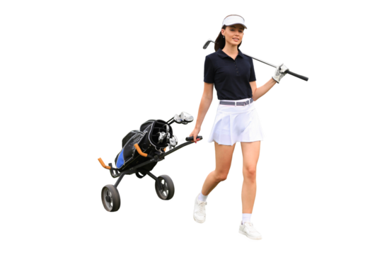 Woman in stylish summer golf outfit walking with bag of drivers on a transparent background - Powered by Adobe