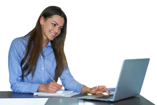 Portrait of a cheerful young businesswoman sitting at the table on a transparent background