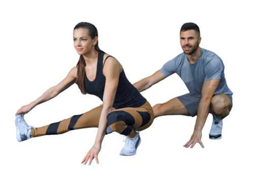 Portrait of a muscular couple doing leg stretchings on a transparent background