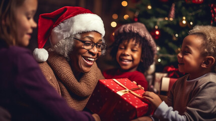 copy space, stockphoto, afro american grandmother with grandchildren celebrating christmas, opening presents. Portrait of a happy grandmother with her grandchildren during Christmas time. Togetherness