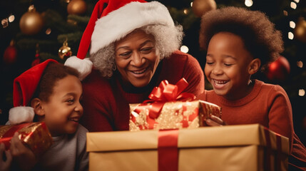 Fototapeta na wymiar copy space, stockphoto, afro american grandmother with grandchildren celebrating christmas, opening presents. Portrait of a happy grandmother with her grandchildren during Christmas time. Togetherness