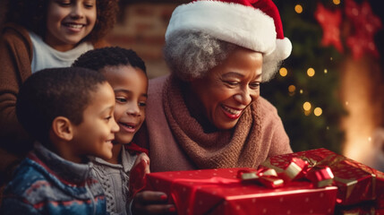 copy space, stockphoto, afro american grandmother with grandchildren celebrating christmas, opening...