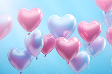 Pink heart shape balloons isolated on blue sky background