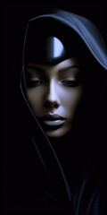 Artistic image of a serene woman in a hood, featuring cool tones and subtle lighting, evoking mystery.