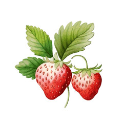 Sweet tasty strawberry with leaves watercolor paint on white background