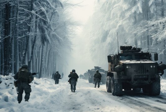 Convoy of Military troops and war tanks in winter