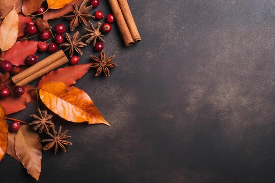 Border of autumn spices, berries, and leaves on a chalkboard background, AI-generated.