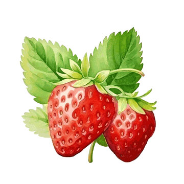 Sweet tasty strawberry with leaves watercolor paint on white background