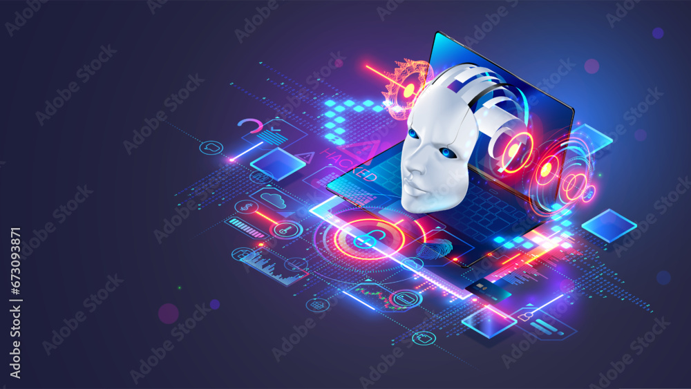 Aufkleber AI chat bot on laptop. Computer cyber security technology. Internet online chat bot face looks out of screen laptop. Artificial intelligence robot head. AI protects pc from hacker attacks and viruses.