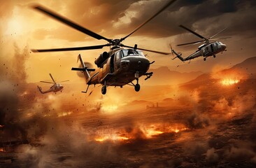 Military helicopters fly over war areas