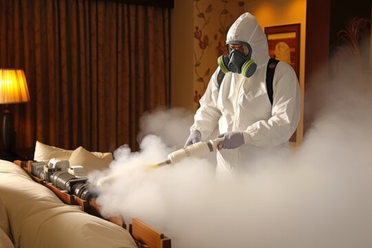 Professional pest control technician in a mask and protective suit fumigating with toxic gas
