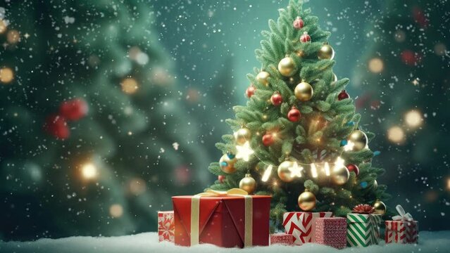 christmas decoration with tree, snowman and gifts. with cartoon style. seamless looping time-lapse virtual video animation background.