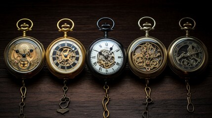 A collection of antique pocket watches, each displaying the intricate details of their dials and casings