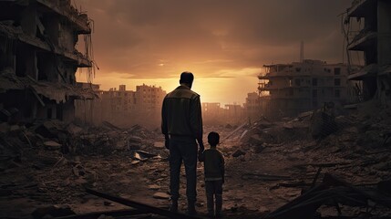 Homeless father and son walk in a destroyed city, as soldiers, helicopters and tanks still attack the city - obrazy, fototapety, plakaty
