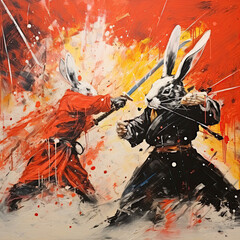 Samurai rabbits in style of oil painting
