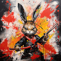 Samurai rabbit in style of oil painting