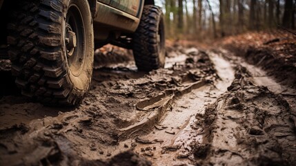 Fototapeta na wymiar Rough, textured tire treads on a muddy and rugged off-road trail