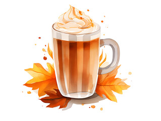 Pumpkin latte with whipped cream Watercolor hand drawn illustration