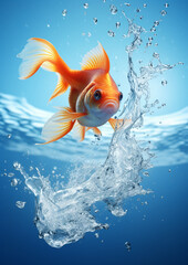 A goldfish is just jumping from a fishbowl and looking back the water splashing with blue background created with Generative Ai