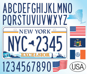 New York State car license plate, new pattern 2020, letters, numbers and symbols, USA, United States, vector illustration - obrazy, fototapety, plakaty