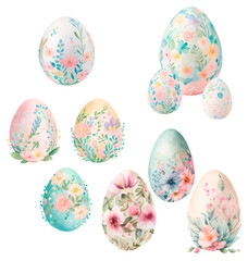 Floral spring templates with cute flowers and painted eggs. For romantic and easter design,...