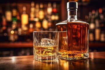 whiskey glass and whiskey bottle on bar in caffe