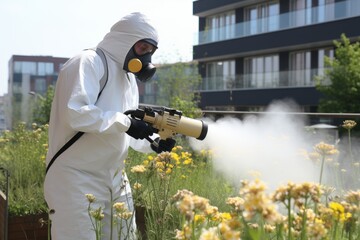 Pest control technician in mask and suit effectively sprays potent gas to exterminate pests - obrazy, fototapety, plakaty
