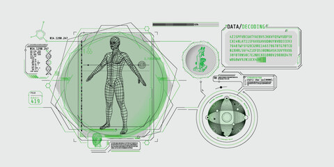Medical research futuristic interface screen with data decoding. - obrazy, fototapety, plakaty
