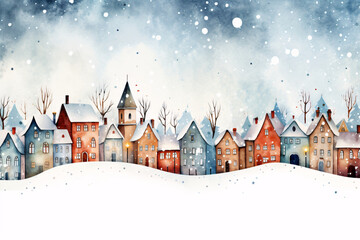  A Cozy and Cute Christmas Watercolor Winter Town Illustration, Inviting You to Discover the Whimsical Delights of a Snowy Wonderland