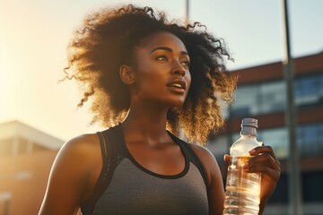 Young black woman in sports equipment outdoors drinking water