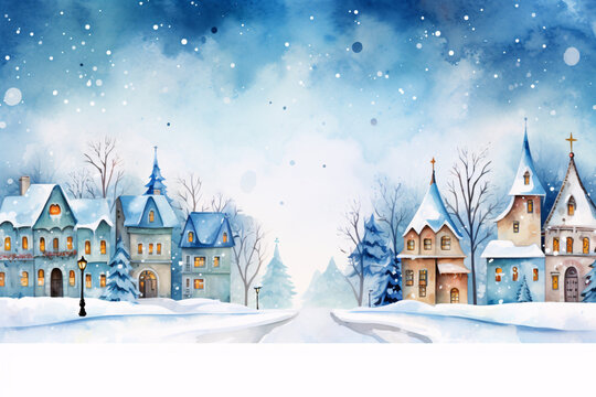  A Cozy And Cute Christmas Watercolor Winter Town Illustration, Inviting You To Discover The Whimsical Delights Of A Snowy Wonderland