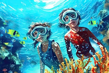 Obraz na płótnie Canvas Two Little Kids Wearing Swimming Goggles Enjoying Carefree Summer Fun