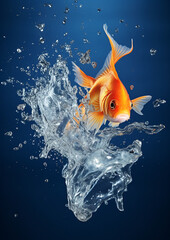 A goldfish is just jumping from a fishbowl and looking back the water splashing with blue background created with Generative Ai