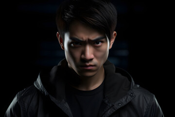 Fototapeta premium serious young adult Asian man, head and shoulders portrait on black background. Neural network generated photorealistic image. Not based on any actual person or scene.
