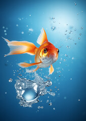 A goldfish is just jumping from a fishbowl and looking back the water splashing with blue background created with Generative Ai