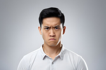 serious young adult Asian man, head and shoulders portrait on gray background. Neural network generated photorealistic image. Not based on any actual person or scene.