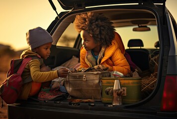 families in their driveways as they load vehicles with luggage, supplies and other equipment