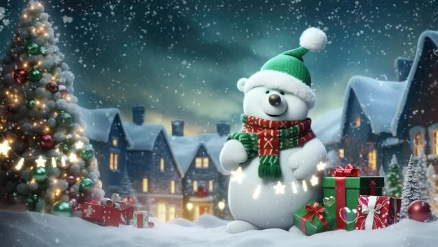 christmas decoration with tree, snowbear and gifts. with cartoon style. seamless looping time-lapse virtual video animation background.