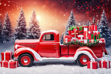 A red pickup truck decorated with gift boxes and a Christmas wreath stands in the woods, Santa Claus' magical transportation. New Year and Christmas background