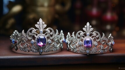 Fototapeta na wymiar A pair of ornate, silver tiaras with intricate detailing and sparkling gemstones