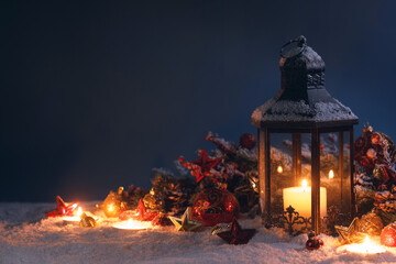 Christmas lantern and decorations - obrazy, fototapety, plakaty