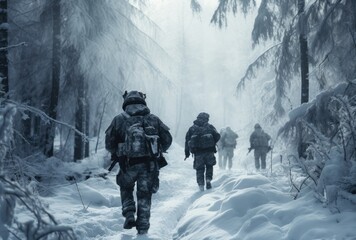 Group of infantry soldiers in uniforms, walking over snow covered landscape - obrazy, fototapety, plakaty