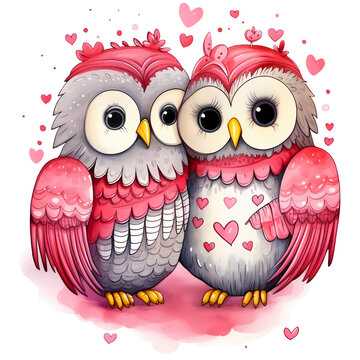 Watercolor Cute Owl Couple Valentine Clipart Illustration