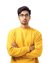 Young confident handsome man with glasses and yellow hoodie, isolated unhappy looking in camera. IT working man.