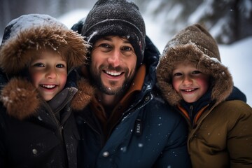 Father and Two Sons Embracing the Winter Chill in a Snowy Forest Adventure
