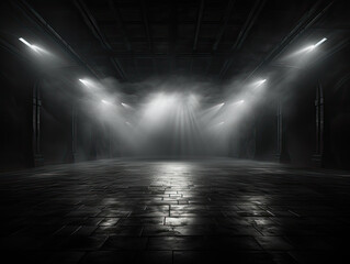Craft an empty scene with a concentrated, dark floor texture veiled in mist or fog for an intriguing background.