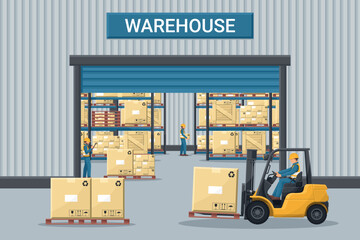 Warehouse with industrial metal racks and shelves for pallet support. Worker driving a forklift. Forklift driving safety. Cargo and shipping logistics. Industrial storage and distribution of products - obrazy, fototapety, plakaty