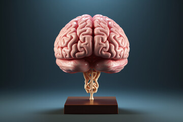 A beautiful model of the human brain on a stand or as a statuette on a beautiful blue background.generative ai
