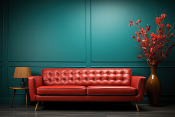 Modern interior with red sofa , flowers and green wall. Copy space, house design, luxury lifestyle, relax and business concept. Minimalist style